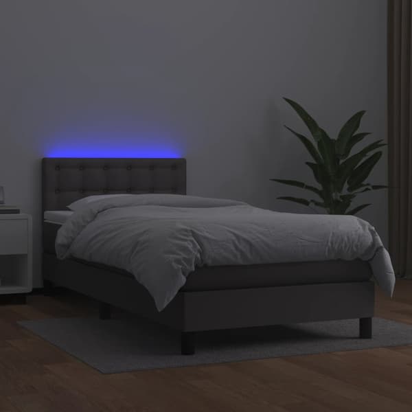Ramsäng med madrass & LED grå 90x200 cm konstläder