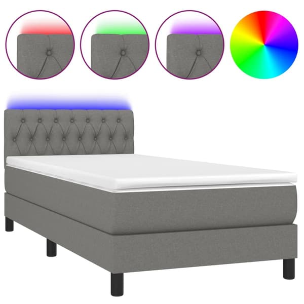 Ramsäng med madrass & LED mörkgrå 100x200 cm tyg