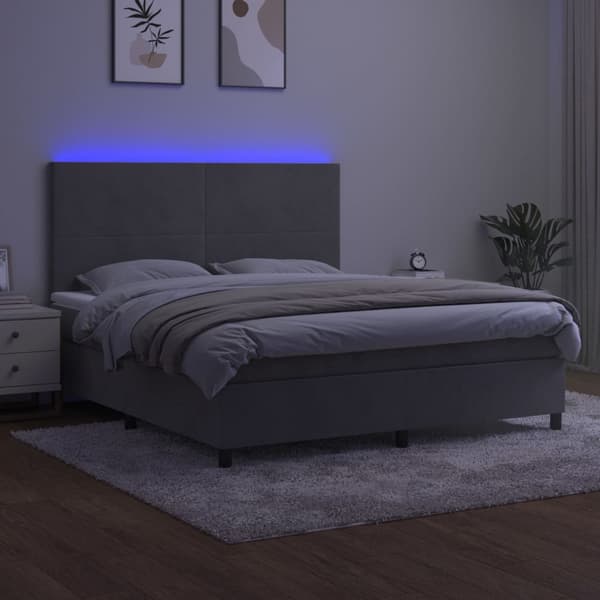 Ramsäng med madrass & LED ljusgrå 160x200 cm sammet