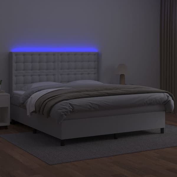 Ramsäng med madrass & LED vit 180x200 cm konstläder
