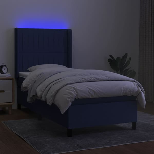 Ramsäng med madrass & LED blå 90x200 cm tyg