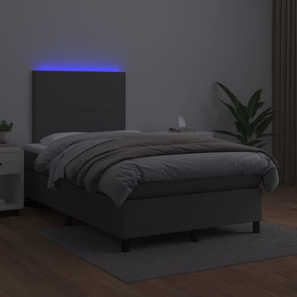 Ramsäng med madrass & LED grå 120x200 cm konstläder
