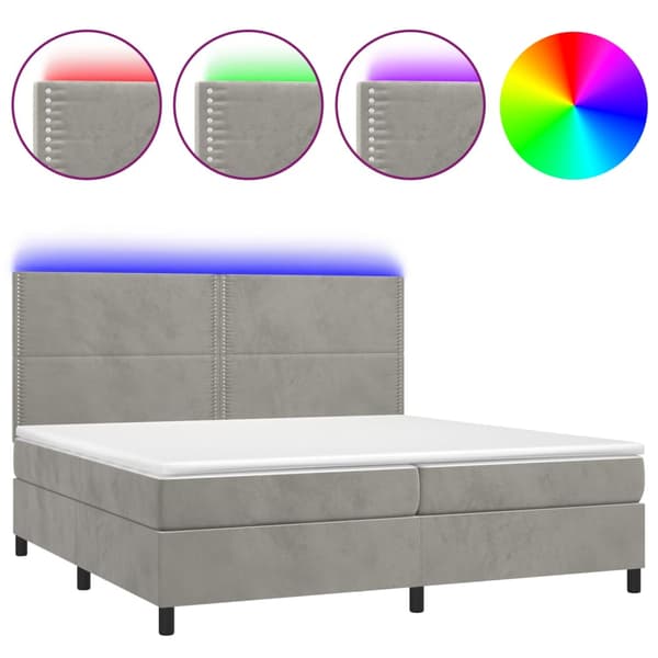 Ramsäng med madrass & LED ljusgrå 200x200 cm sammet