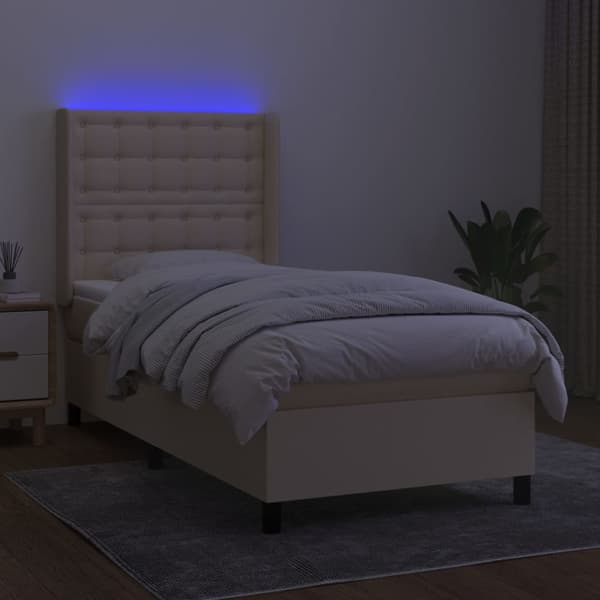 Ramsäng med madrass & LED gräddvit 100x200 cm tyg