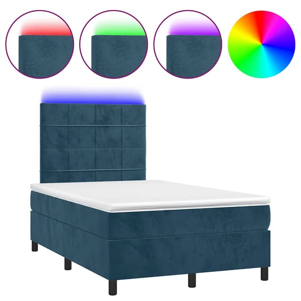 Ramsäng med madrass & LED mörkblå 120x190 cm sammet