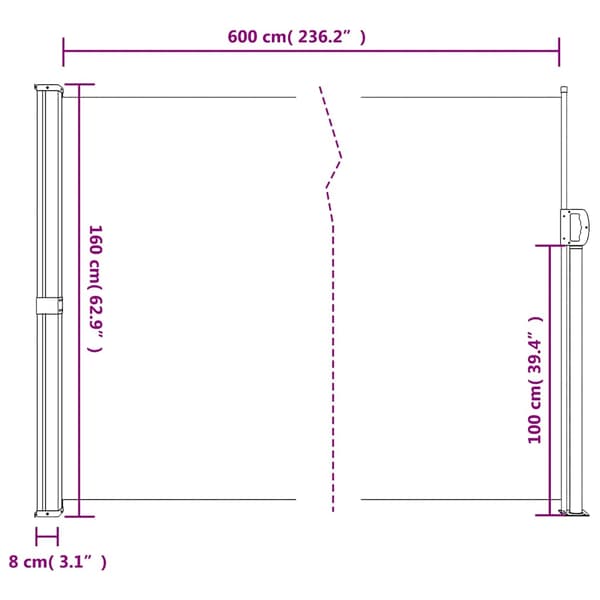 Infällbar sidomarkis vit 160x600 cm