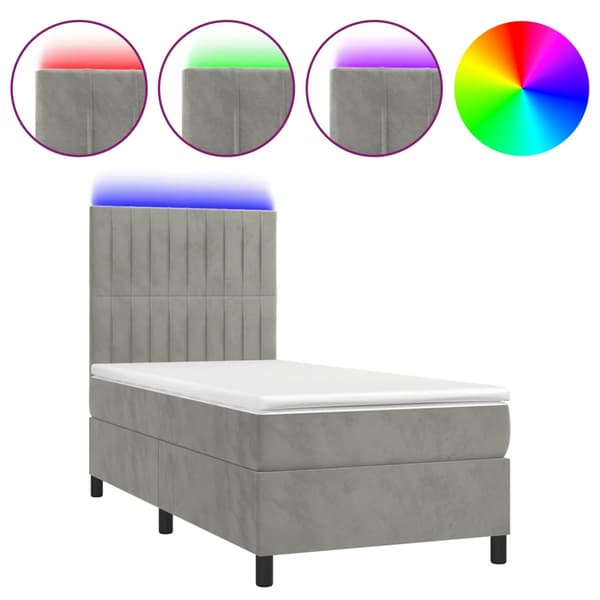 Ramsäng med madrass & LED ljusgrå 90x190 cm sammet