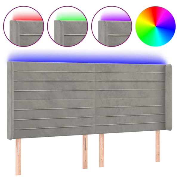 Sänggavel LED ljusgrå 183x16x118/128 cm sammet