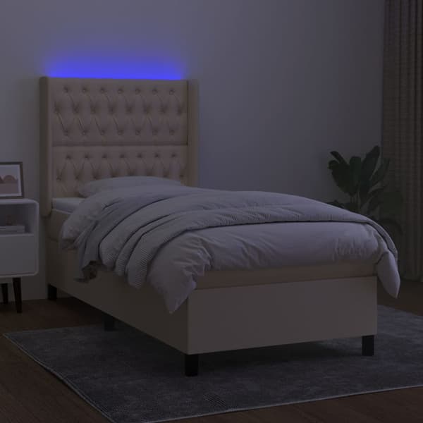 Ramsäng med madrass & LED gräddvit 100x200 cm tyg