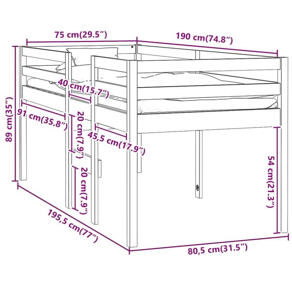 hög sovbädd vit 75x190 cm massivt trä furu