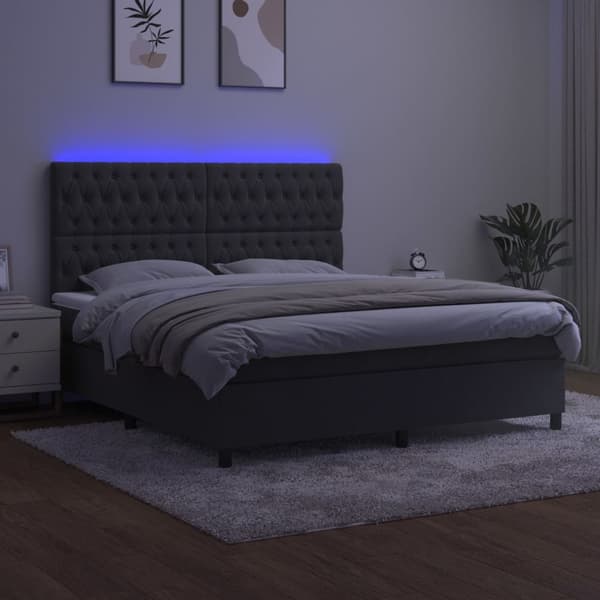 Ramsäng med madrass & LED mörkgrå 180x200 cm sammet