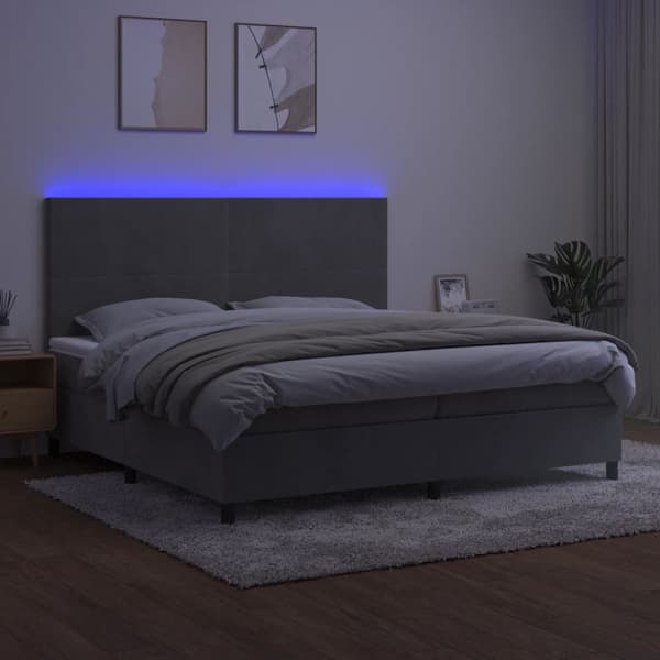 Ramsäng med madrass & LED ljusgrå 200x200 cm sammet