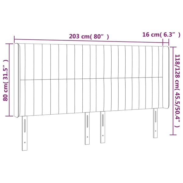 Sänggavel LED ljusgrå 203x16x118/128 cm sammet