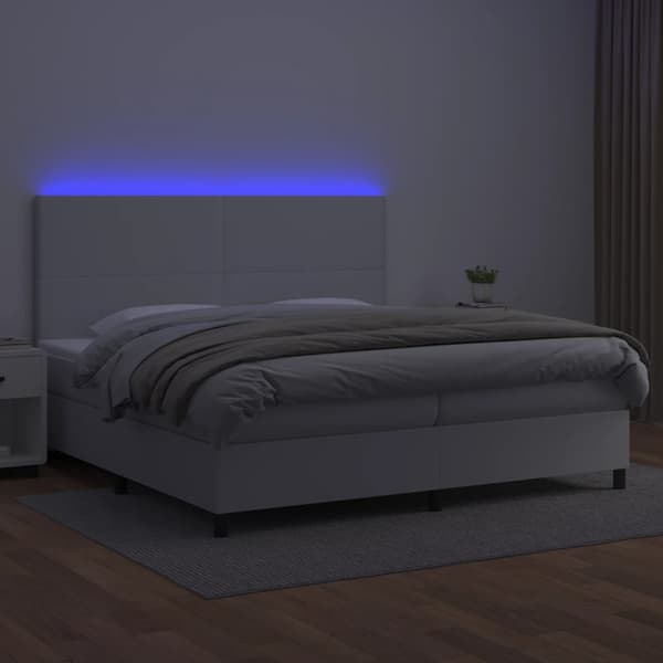 Ramsäng med madrass & LED vit 200x200 cm konstläder