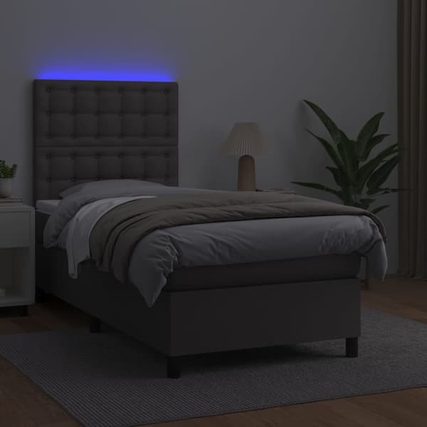 Ramsäng med madrass & LED grå 100x200 cm konstläder