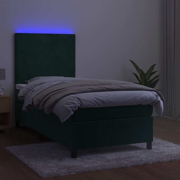 Ramsäng med madrass & LED mörkgrön 80x200 cm sammet