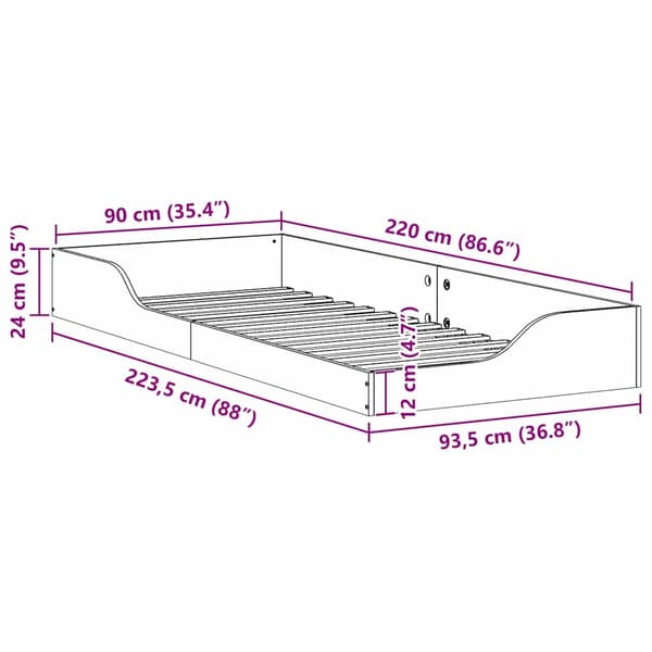 Sängram Vit 90 x 220 cm Massiv furu