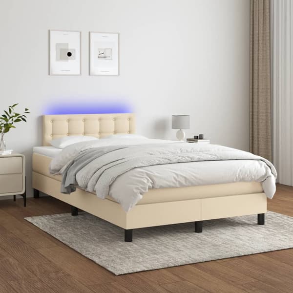 Ramsäng med madrass & LED gräddvit 120x190 cm tyg