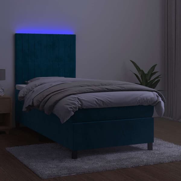 Ramsäng med madrass & LED mörkblå 100x200 cm sammet
