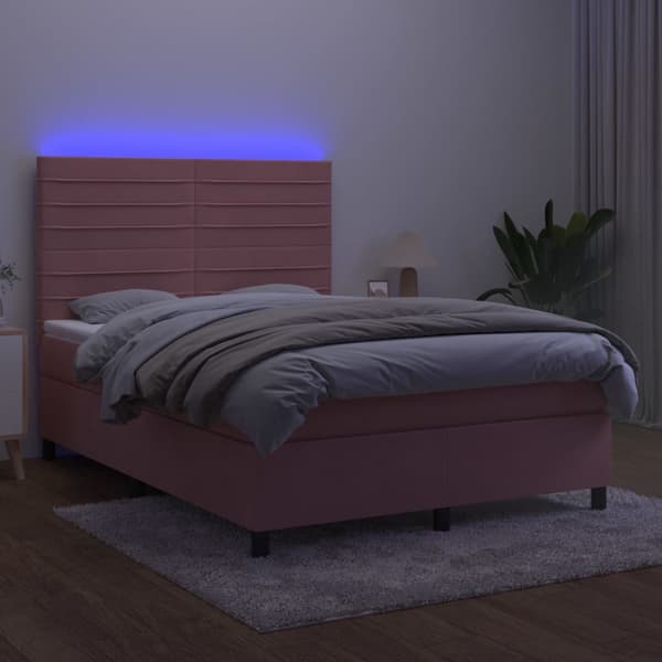 Ramsäng med madrass rosa & LED 140x200 cm sammet
