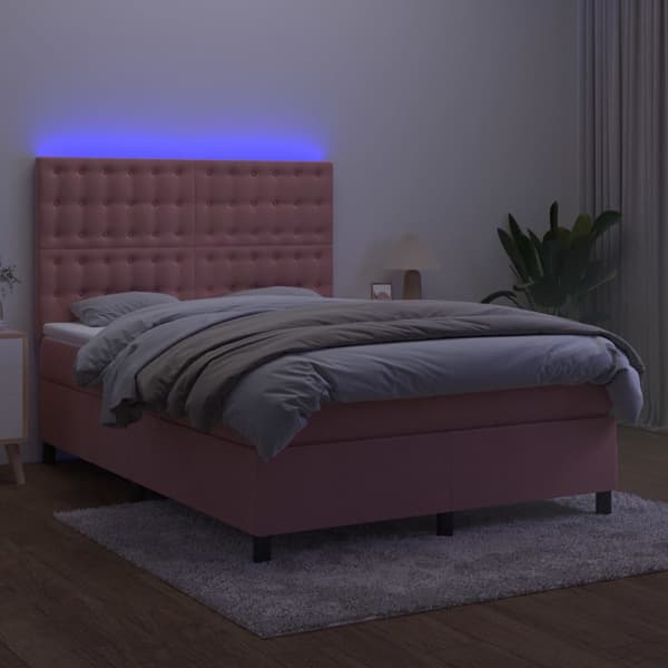 Ramsäng med madrass rosa & LED 140x200 cm sammet