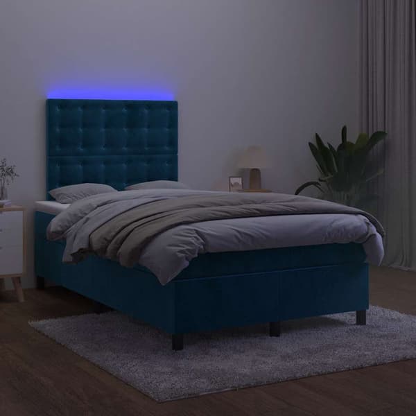 Ramsäng med madrass & LED mörkblå 120x200 cm sammet
