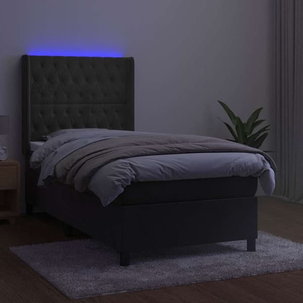 Ramsäng med madrass & LED mörkgrå 90x190 cm sammet
