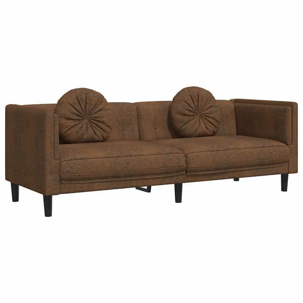 Soffa med kuddar 3-sits brun konstmocka