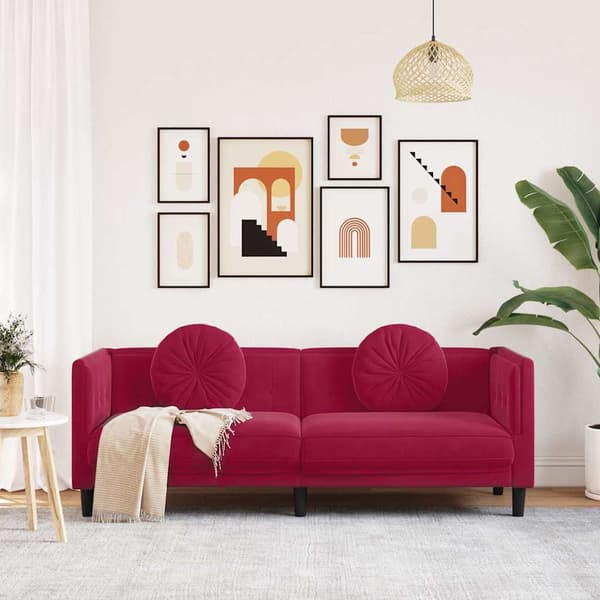 Soffa med kuddar 3-sits vinröd sammet