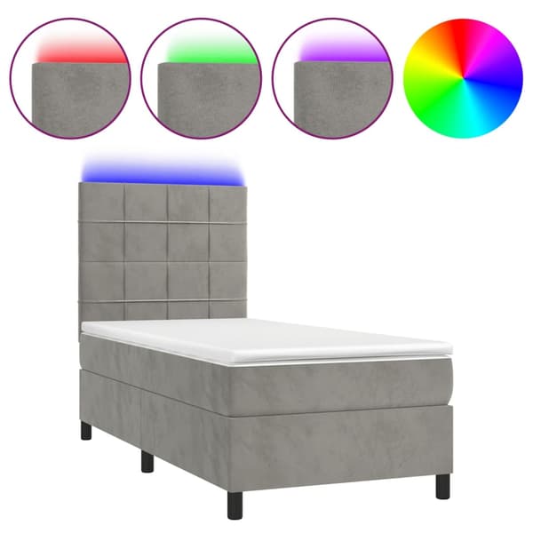 Ramsäng med madrass & LED ljusgrå 100x200 cm sammet