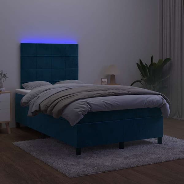 Ramsäng med madrass & LED mörkblå 120x200 cm sammet