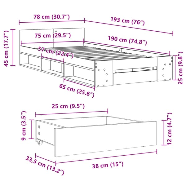 Sängram med låda vit 75x190 cm konstruerad trä