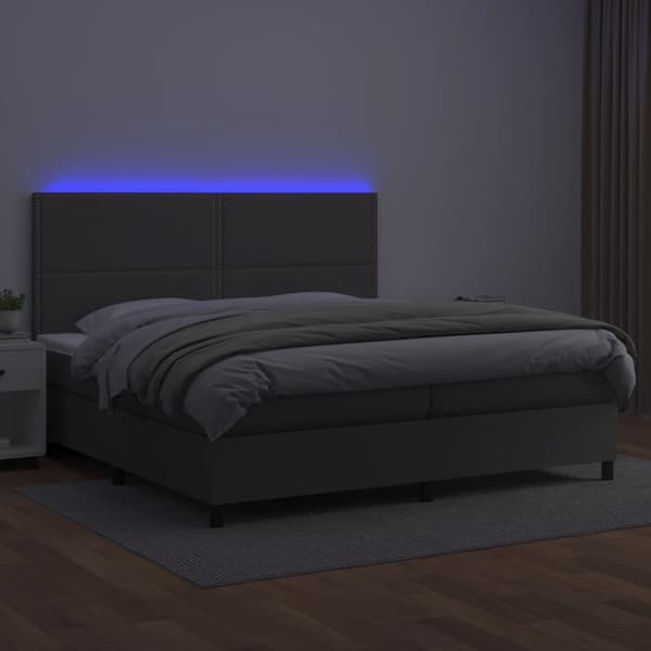 Ramsäng med madrass & LED grå 200x200 cm konstläder