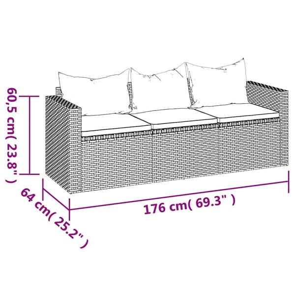 Loungesoffa 3-sits med dynor grå konstrotting