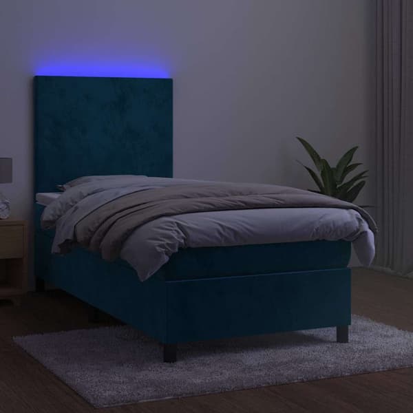 Ramsäng med madrass & LED mörkblå 100x200 cm sammet