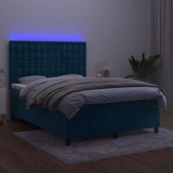Ramsäng med madrass & LED mörkblå 140x200 cm sammet