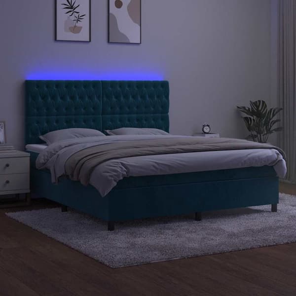 Ramsäng med madrass & LED mörkblå 160x200 cm sammet