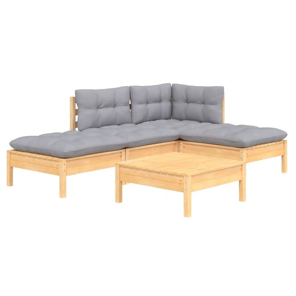 Loungegrupp med grå dynor 5 delar furu