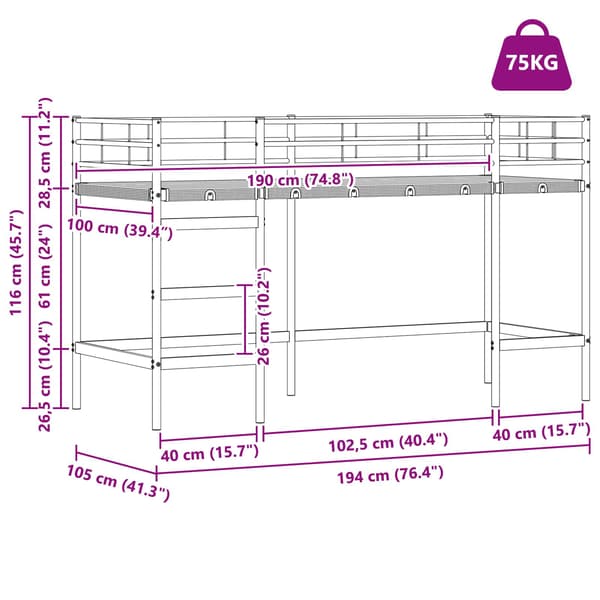 Barns loft sängram Vit 99,5 x 190 cm Stål