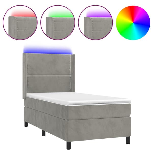 Ramsäng med madrass & LED ljusgrå 100x200 cm sammet