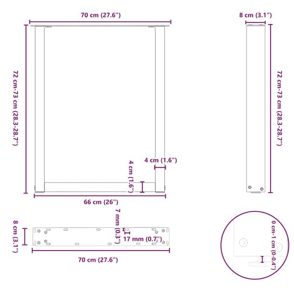 Matbordsben U-formade 2 st antracit 70x(72-73) cm stål