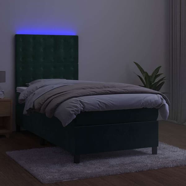 Ramsäng med madrass & LED mörkgrön 100x200 cm sammet