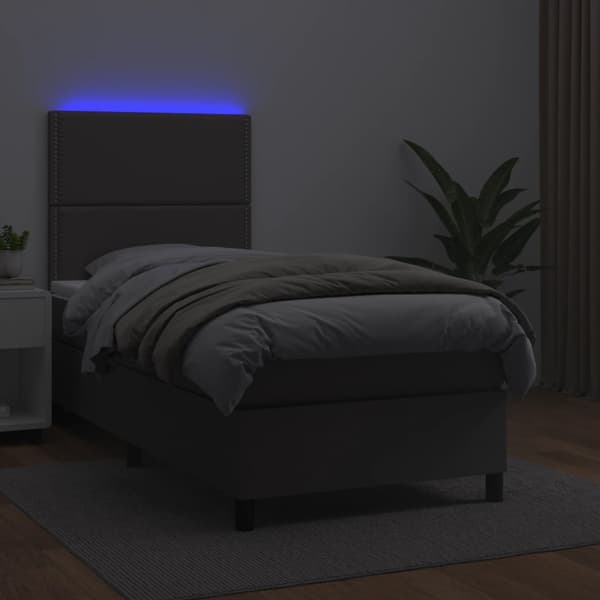 Ramsäng med madrass & LED grå 100x200 cm konstläder