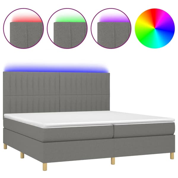 Ramsäng med madrass & LED mörkgrå 200x200 cm tyg