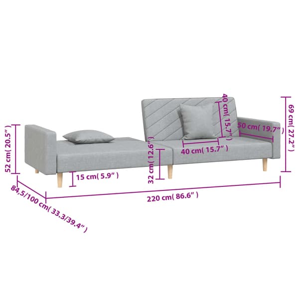 Bäddsoffa 2-sits med två kuddar ljusgrå tyg