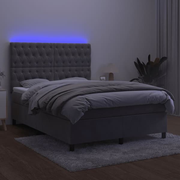 Ramsäng med madrass & LED ljusgrå 140x200 cm sammet