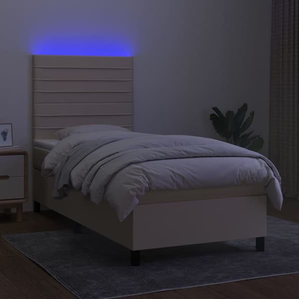Ramsäng med madrass & LED gräddvit 100x200 cm tyg