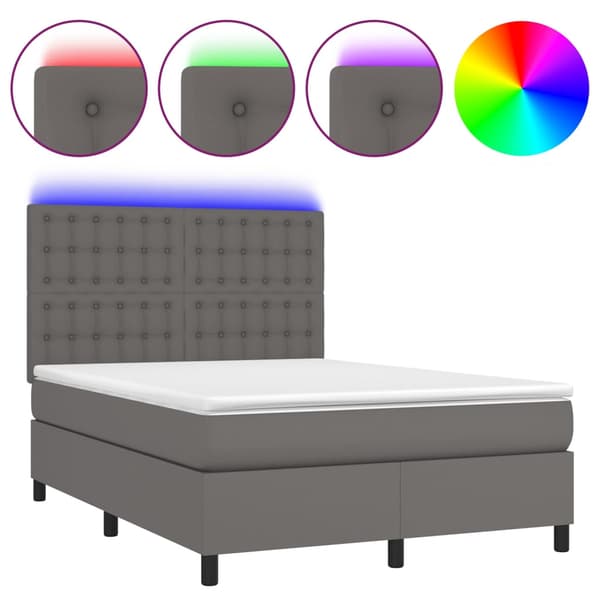 Ramsäng med madrass & LED grå 140x190 cm konstläder