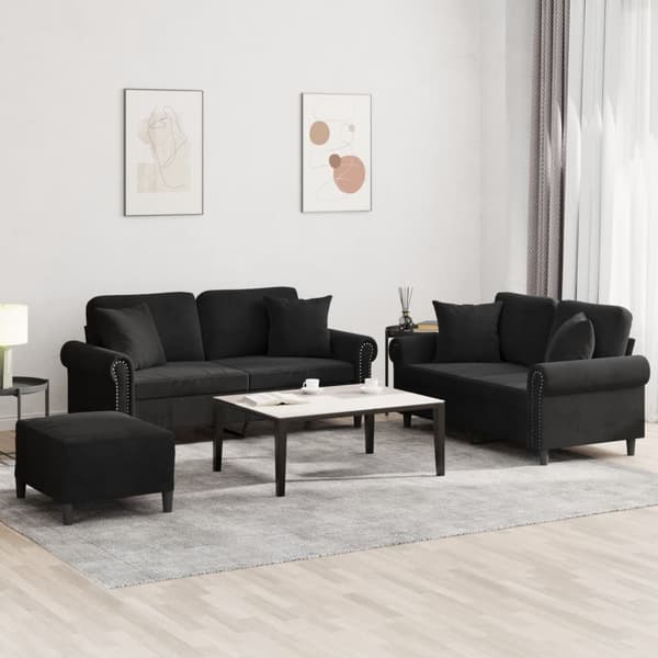 Soffgrupp med kuddar 3 delar svart sammet