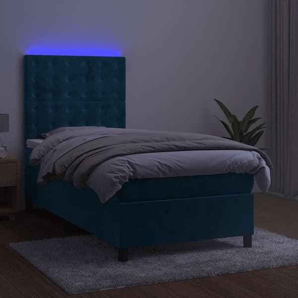 Ramsäng med madrass & LED mörkblå 80x200 cm sammet